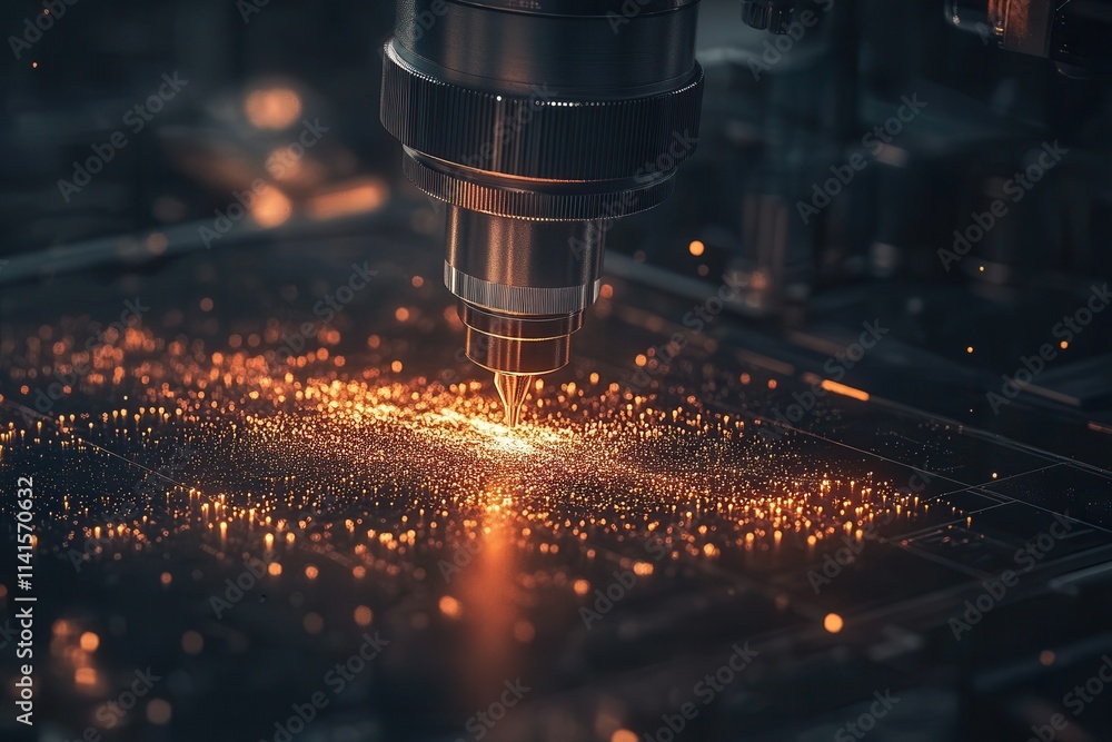 Poster a close-up of a precision laser cutting machine creating sparks, showcasing the intricate process of