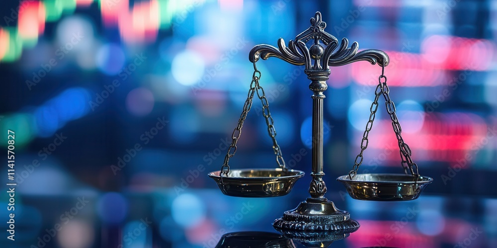 Poster a balanced scale symbolizes justice and fairness, set against a colorful abstract background, repres