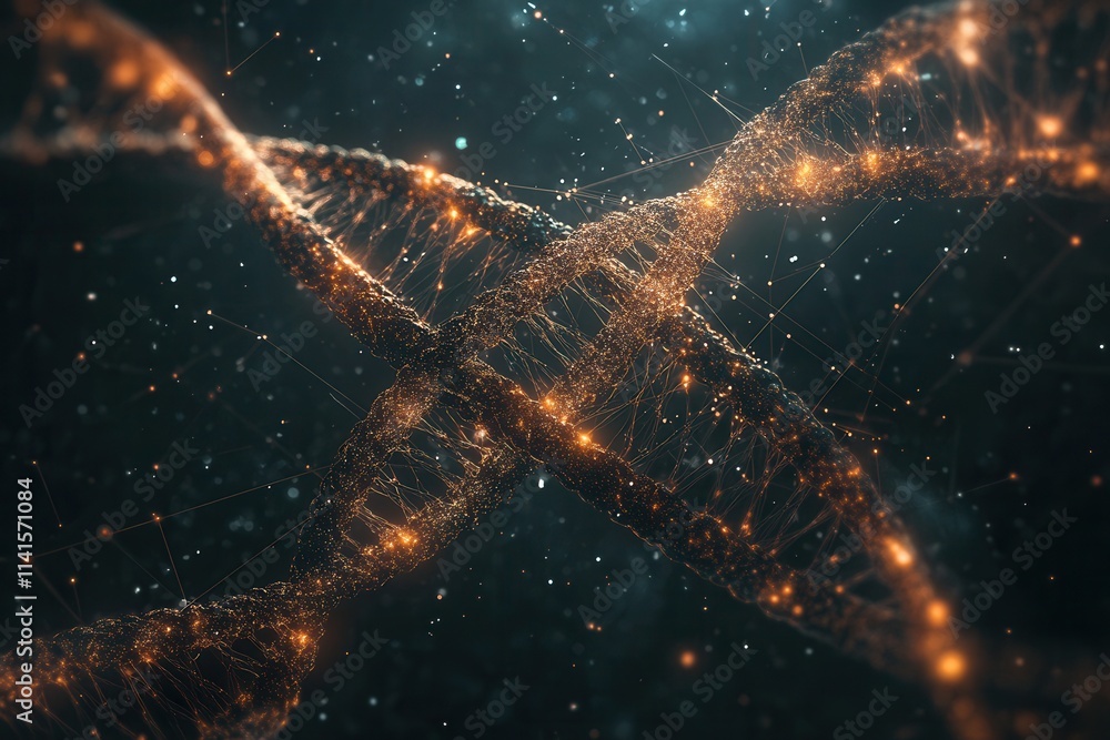 Poster a glowing dna double helix spirals through a dark, starry background, representing the complexity of
