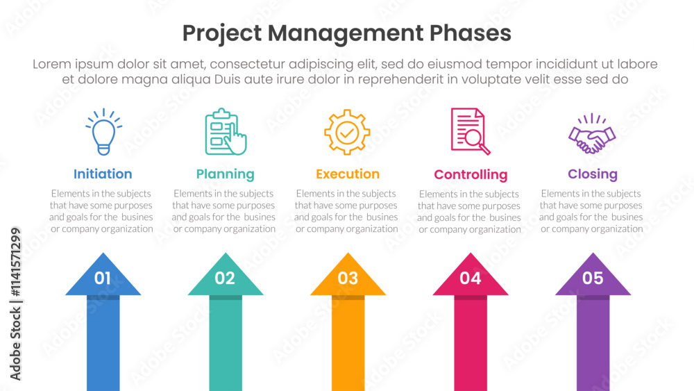 Poster 5 phase project management infographic template banner with arrow shape top direction with 5 point l