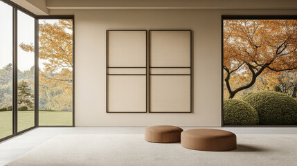 Fototapeta premium Modern interior design featuring minimalist furniture and autumn scenery