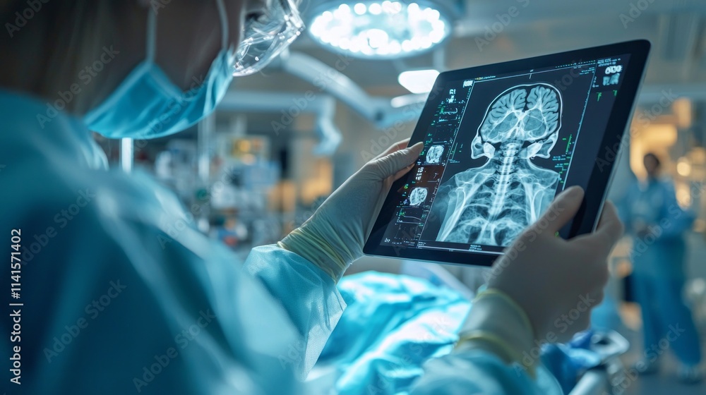 Poster a doctor is holding a tablet with a brain scan on it