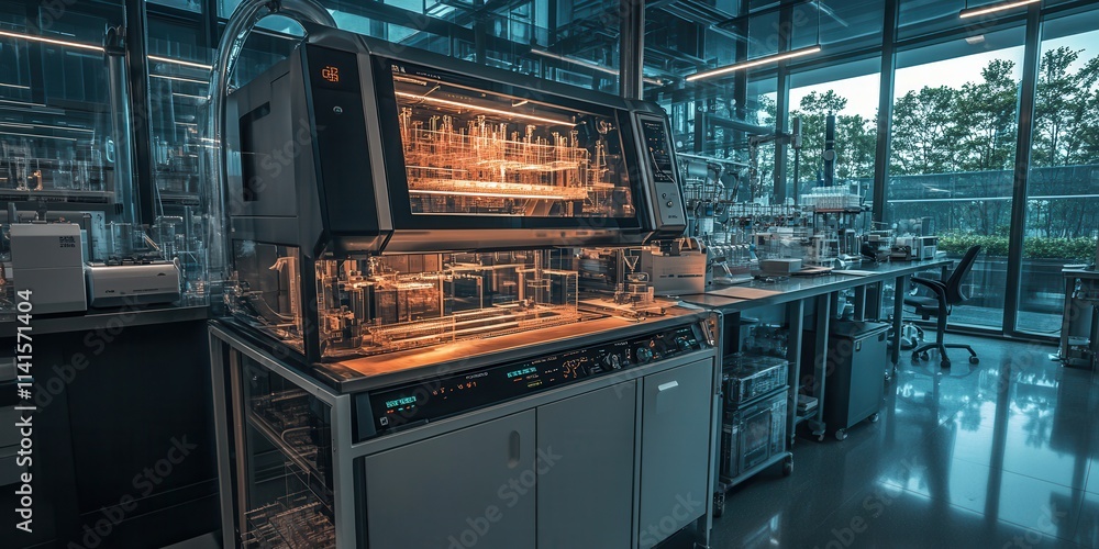 Poster a modern laboratory featuring advanced equipment with illuminated components, showcasing a high-tech
