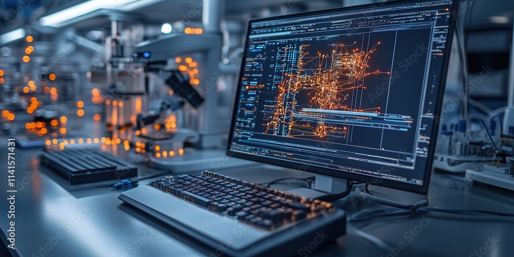 Poster a high-tech workstation featuring a monitor displaying complex data visualizations, keyboards, and l