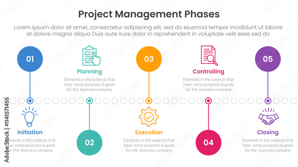 Poster 5 phase project management infographic template banner with timeline circle point up and down with 5