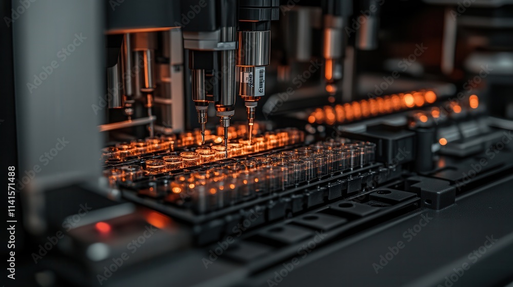 Poster A close-up of a high-tech laboratory instrument featuring multiple syringes and illuminated vials, conveying a sense of precision and advanced technology.