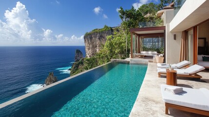 Fototapeta premium Cliffside villa with infinity pool overlooking ocean.