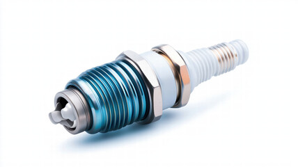 High performance spark plug with metallic finish and blue accents, designed for optimal engine efficiency and durability. Ideal for automotive enthusiasts and mechanics
