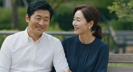 Fototapeta premium Happy mature asian couple relaxing on park bench, enjoying nature