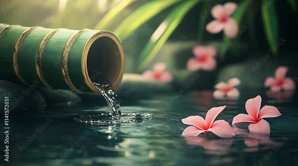 Poster tranquil water feature with pink blossoms in a bamboo setting : generative ai