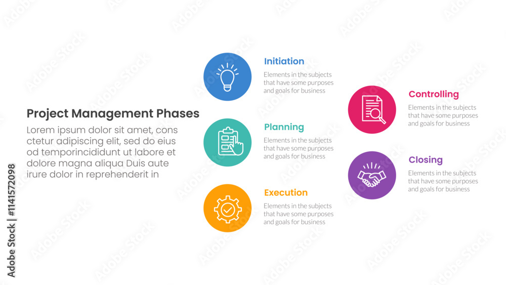Poster 5 phase project management infographic template banner with big circle stack arrow structure with 5 