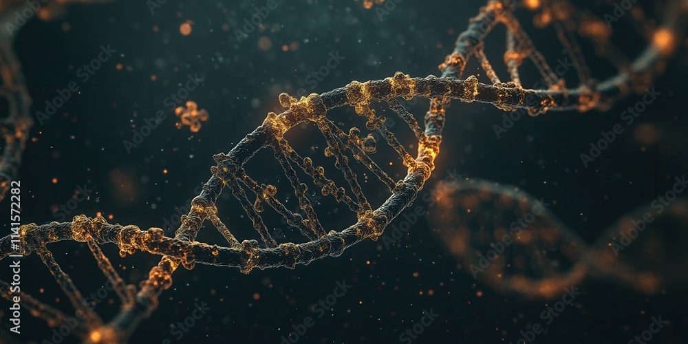 Poster A close-up view of a DNA double helix, illuminated with glowing particles, emphasizing the complexity of genetic structures.