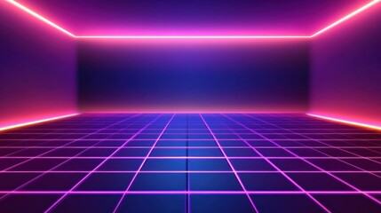 Fototapeta premium Futuristic Neon Room with Grid Floor and Vibrant Colorful Lights