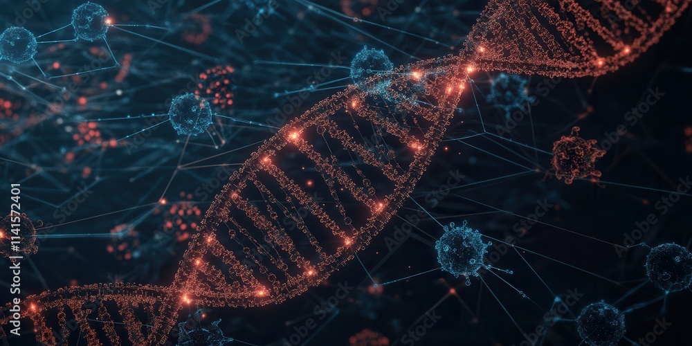 Poster a vibrant visualization of dna strands intertwined with glowing molecular structures, representing g