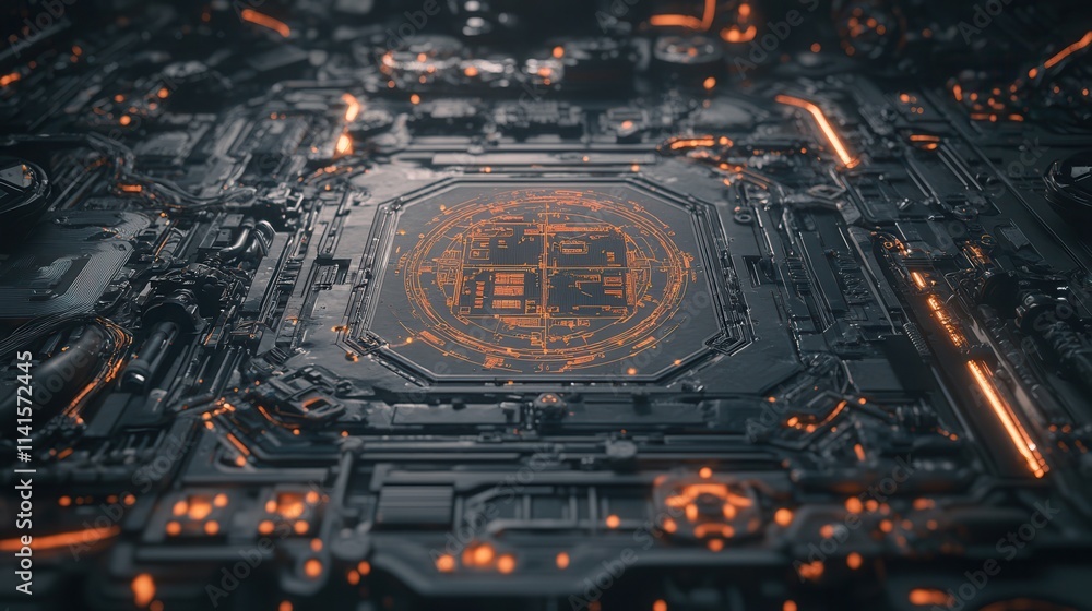 Poster a futuristic, intricate circuit board with glowing orange patterns and a dark metallic surface, conv