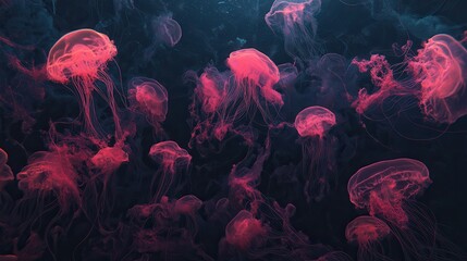 Obraz premium A mesmerizing underwater scene featuring vibrant pink jellyfish gracefully drifting through dark waters.
