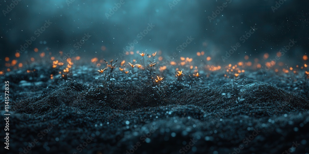 Poster a mesmerizing underwater scene with glowing particles illuminating a dark, textured surface, evoking