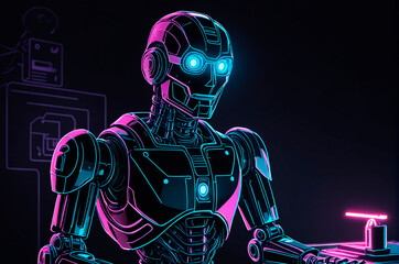 Robot teacher, illustration, neon aesthetics, neo-noir. Generative AI.