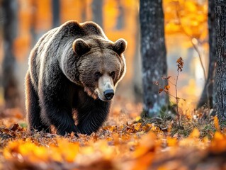 Fototapeta premium Bear in autumn fall forest with orange tree leaves.