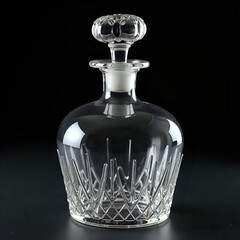 Faceted Crystal Decanter with Crown Base against Black Background
