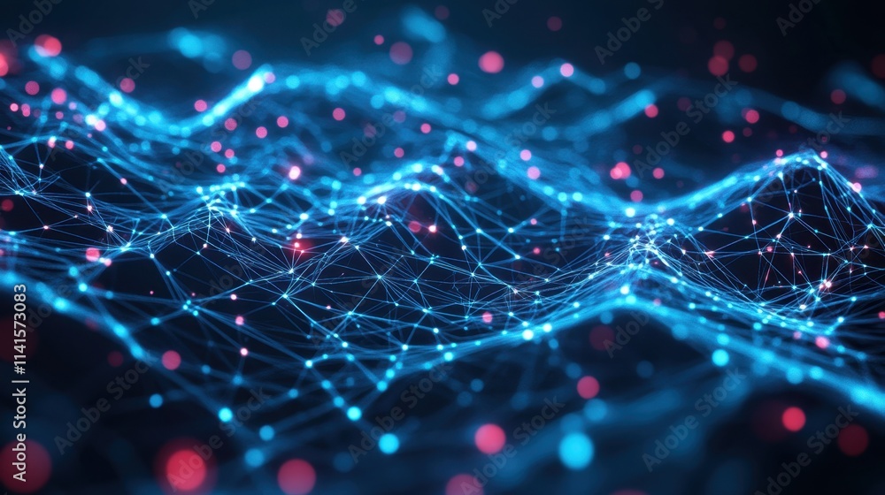 Poster abstract digital landscape with connected nodes and waves of light