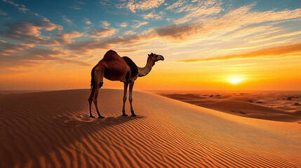An awe-inspiring desert landscape at sunrise, with golden dunes casting long shadows across the endless horizon. A lone camel stands atop a dune. 