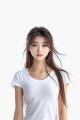 Beautiful Asian woman in white t-shirt isolated on white background