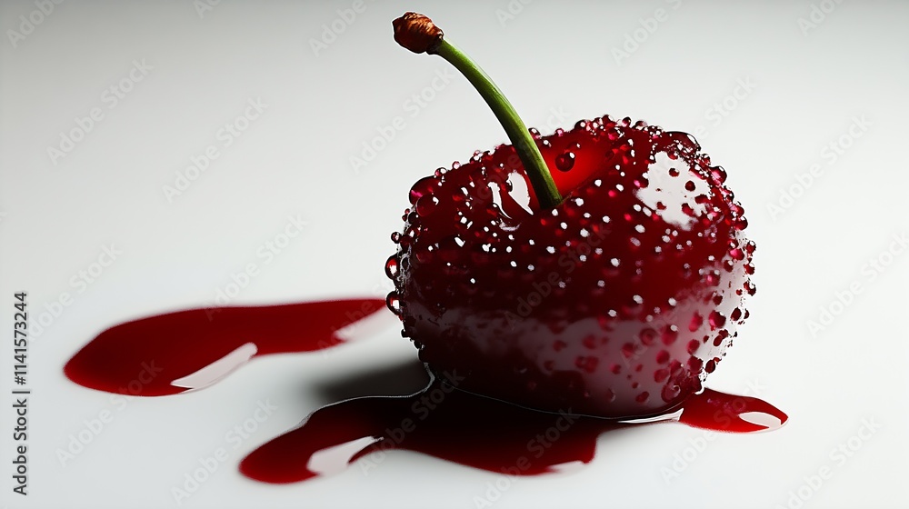 Poster Artistic Closeup of Red Cherry with Glossy Juice Dripping on White Background : Generative AI