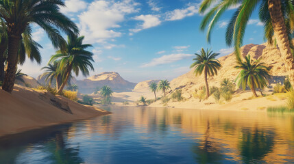 Fototapeta premium A breathtaking desert oasis surrounded by golden sand dunes, with crystal-clear water reflecting the vivid blue sky.