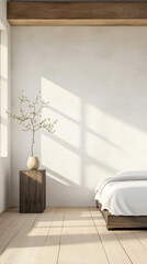 Minimalistic bedroom with wooden elements and natural light enhancing tranquility