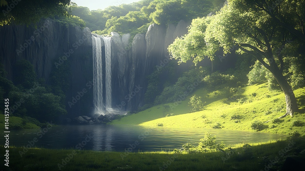Poster tranquil forest oasis with waterfall and pool surrounded by verdant foliage and sunlight : generativ