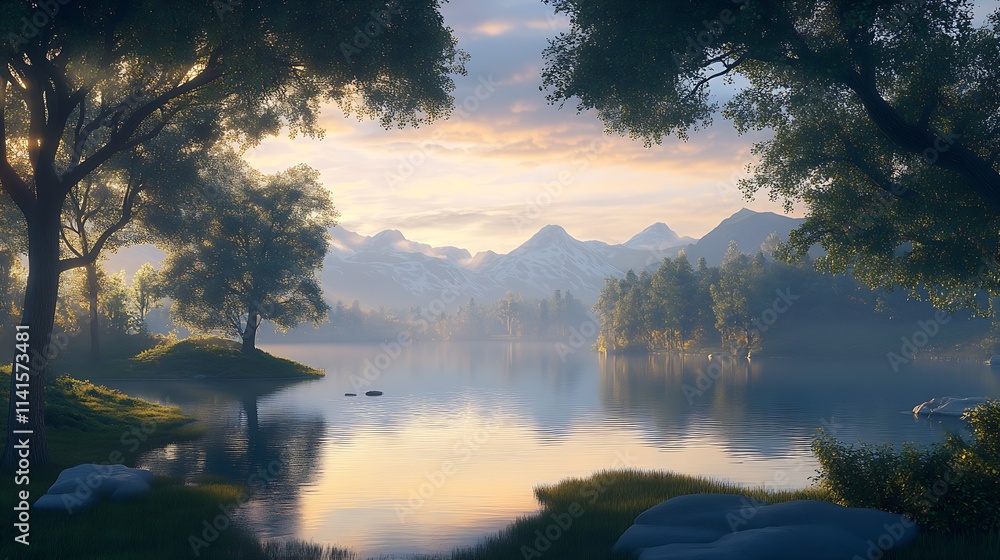 Aufkleber serene lake view with mountains and trees under a pastel sunrise : generative ai