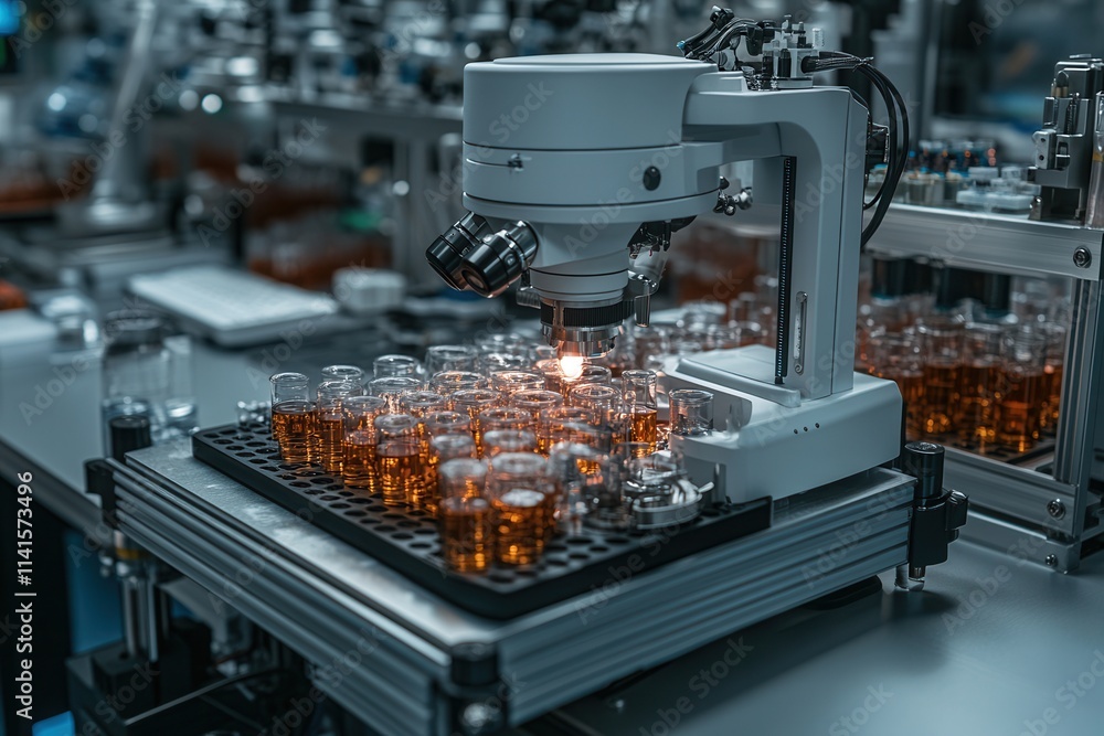 Poster a robotic arm analyzes samples in a lab setting, focusing on glass containers filled with a brown li