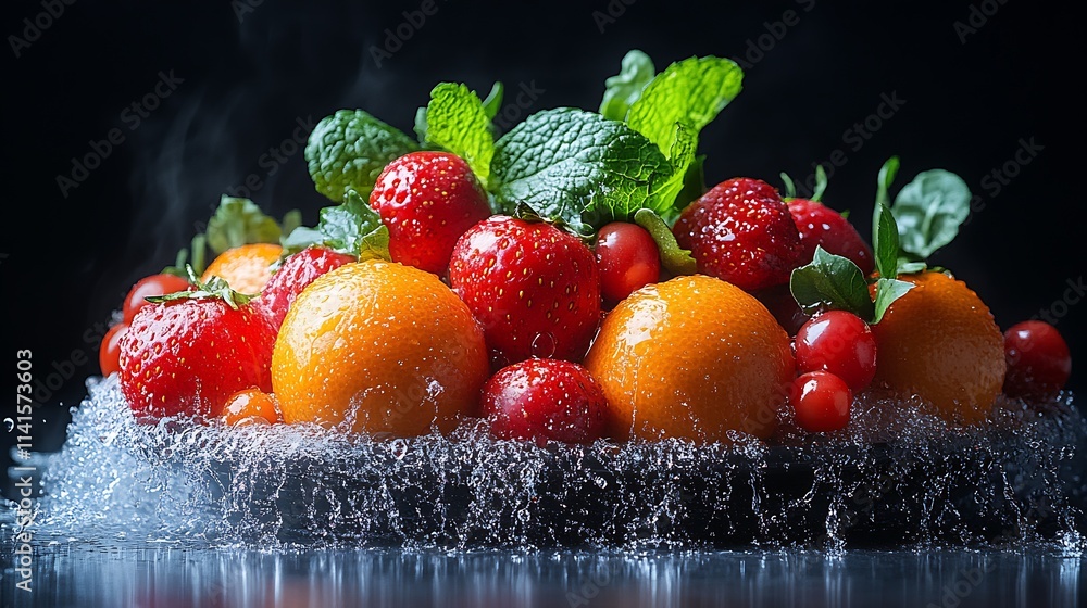 Poster refreshing fruit splash with berries and citrus in dynamic water motion : generative ai