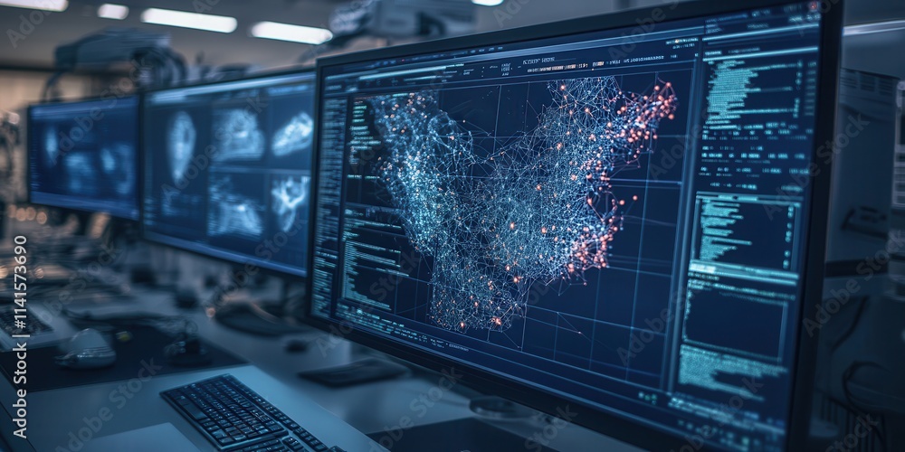 Poster A data visualization display on multiple monitors, showcasing intricate patterns and connections in a high-tech environment.