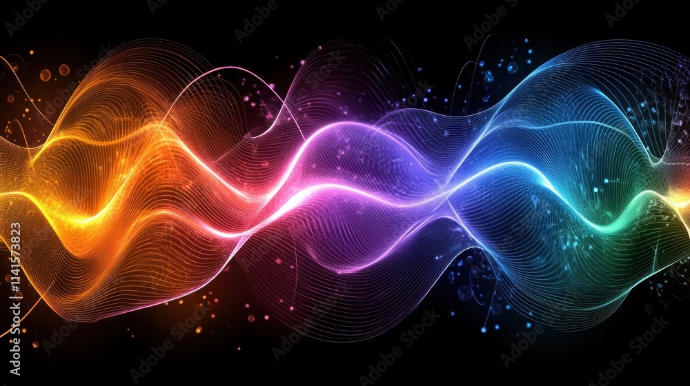 Poster vibrant abstract wave pattern with colorful light trails and motion