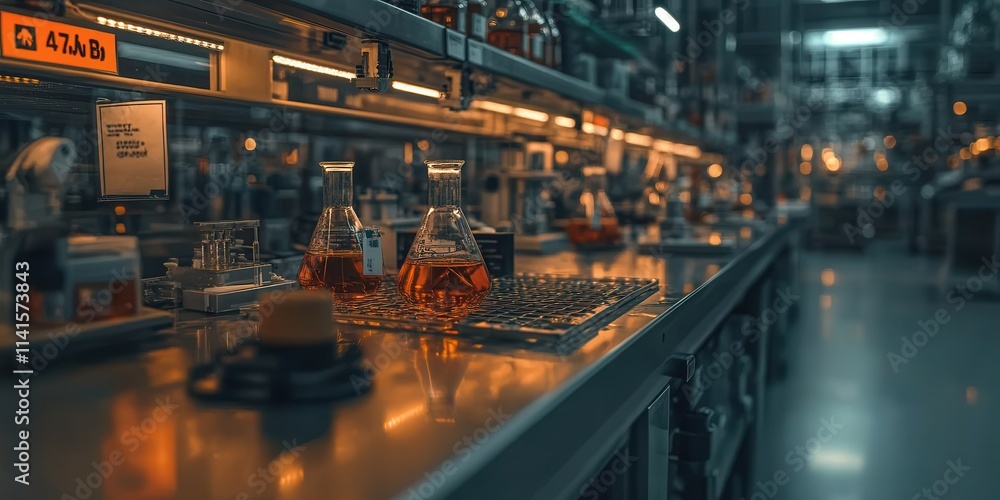 Aufkleber a dimly lit laboratory scene featuring glass flasks and beakers filled with liquids on a metallic co