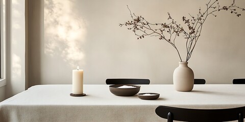 Calm Dining Atmosphere With Natural Decor and Warm Neutral Tones : Generative AI