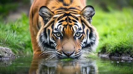 Fototapeta premium Tiger drinks water at forest pond.