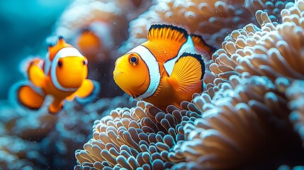 Pair of Clownfish Interacting Among Lush Anemones in Pristine Tropical Waters : Generative AI