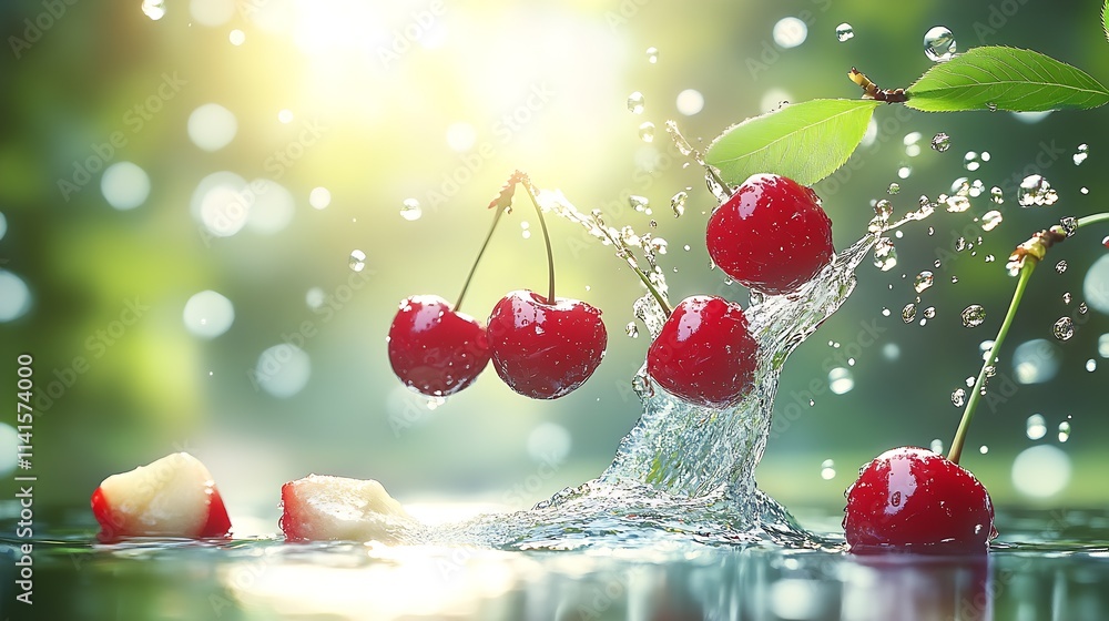 Poster fresh red cherries splashing into water with sunlit bokeh in nature : generative ai