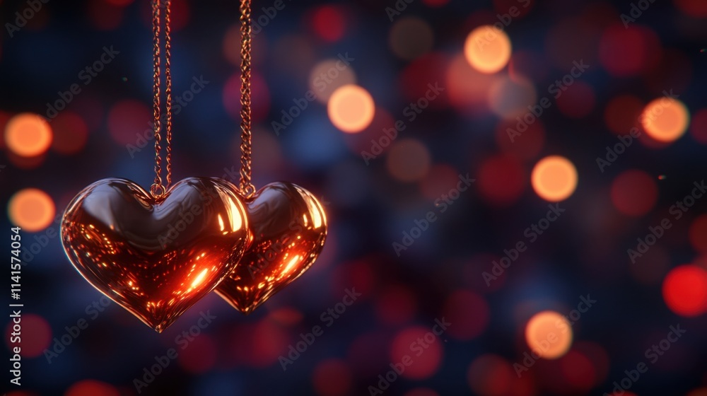 Poster glossy heart ornaments hanging on strings with blurry background