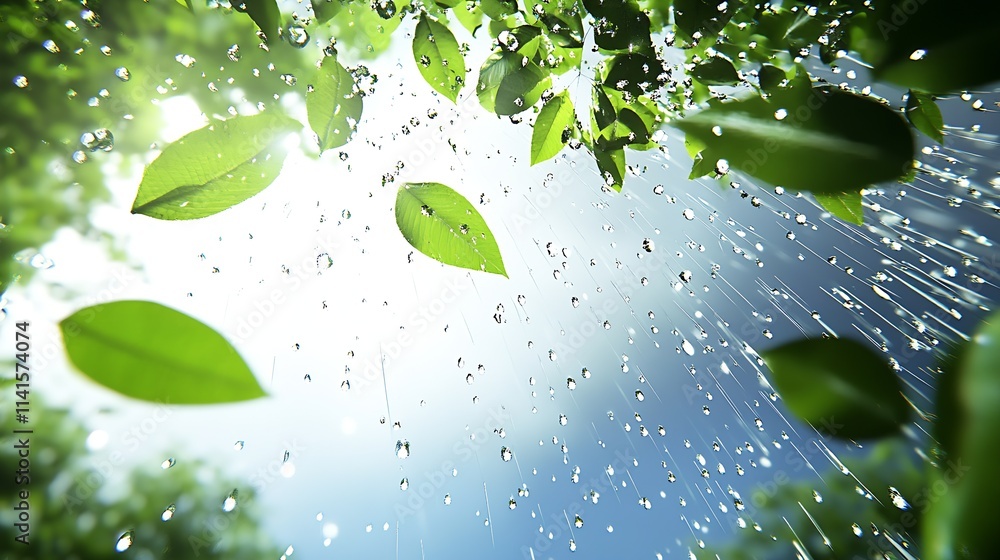 Poster Sunlight Filtering Through Raindrops and Green Leaves in Spring : Generative AI