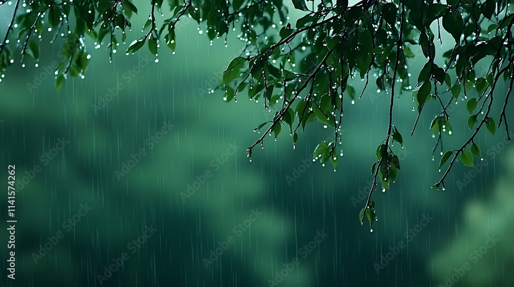Poster calm rainy landscape with refreshing green leaves and soft raindrops creating a peaceful atmosphere 
