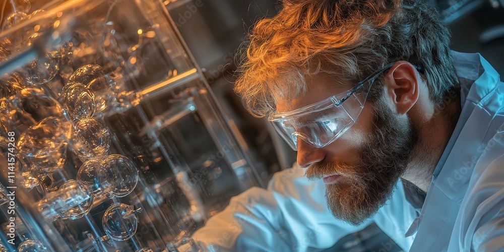 Poster a focused scientist in protective eyewear conducts experiments amidst glassware, illuminated by warm