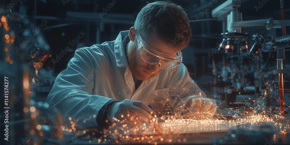 Poster A focused scientist works in a lab, creating sparks while conducting experiments, surrounded by advanced equipment and glassware.