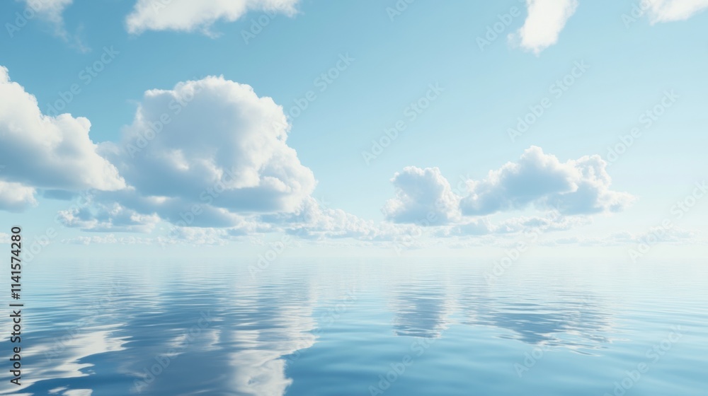 Aufkleber serene ocean view with fluffy clouds reflecting on calm water under a clear blue sky.