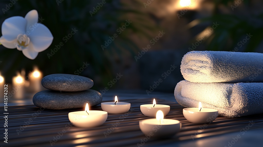 Poster elegant spa ambiance with rolled towels and candlelight for mindful serenity : generative ai