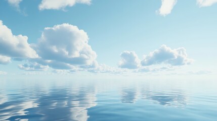 Obraz premium Serene ocean view with fluffy clouds reflecting on calm water under a clear blue sky.