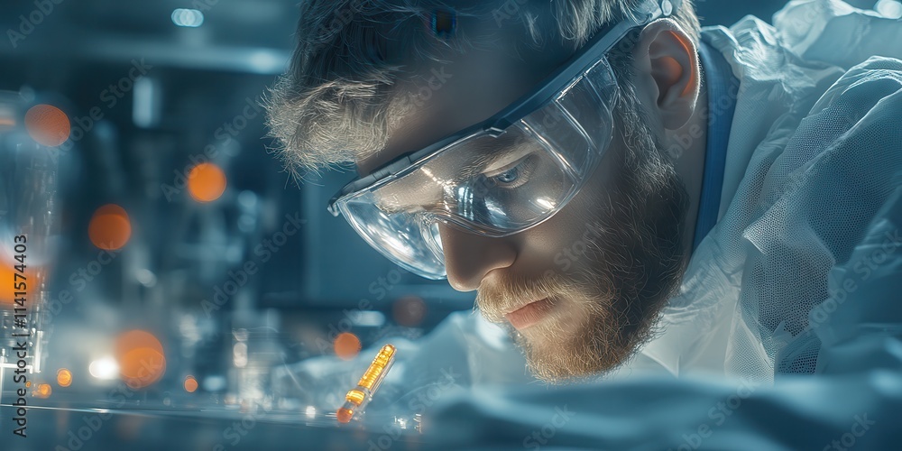 Poster a focused scientist working in a lab, wearing protective goggles and a lab coat, examines materials 